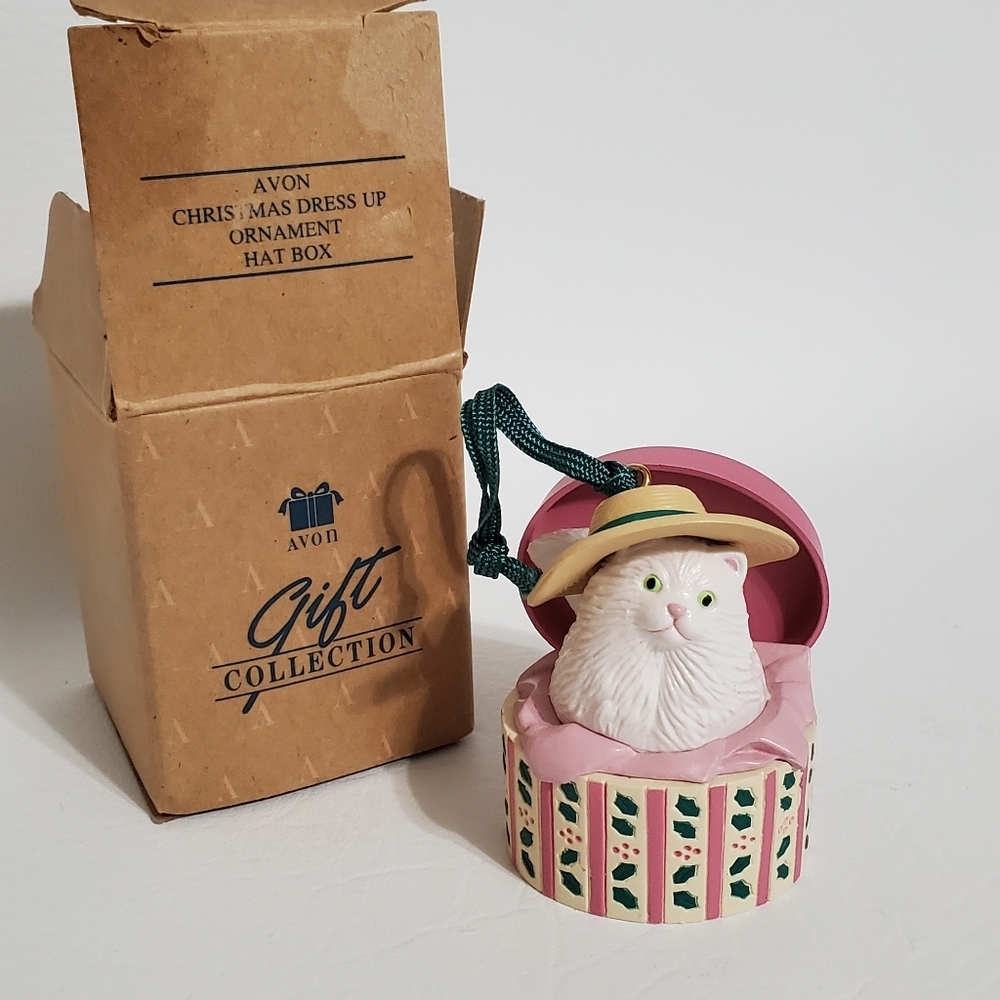 Avon Dress Up Christmas Ornament Hat Box White Cat Hat
